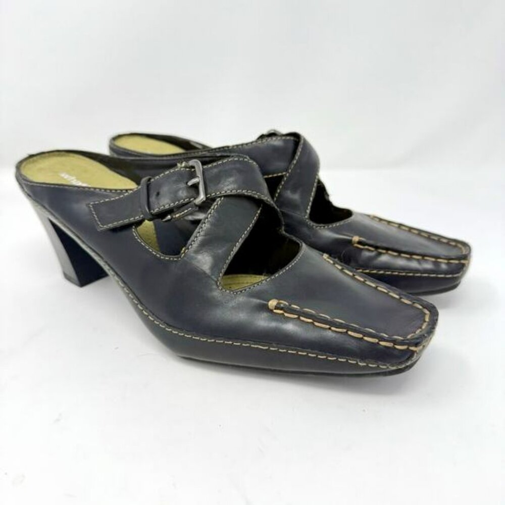 Vintage Y2K What's What Square Toe Heeled Mules 9 Buckle, Moc Stitch New In Box!